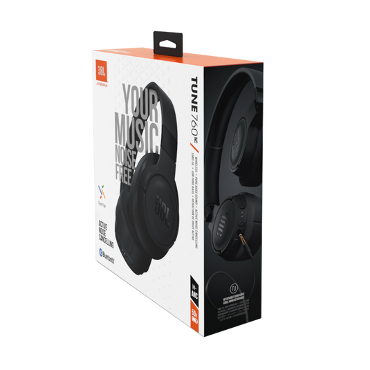 Um par de fones de ouvido JBL Tune 760NC cercado por vários acessórios e embalagens